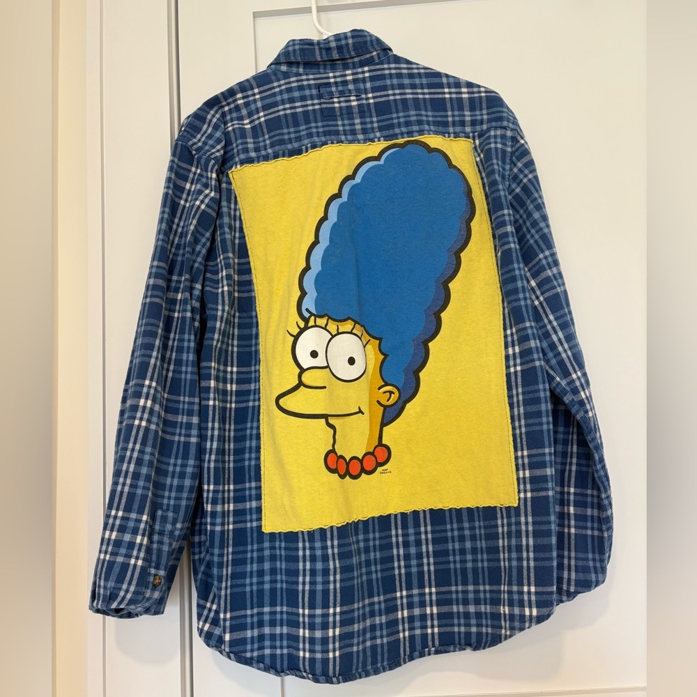 Blue Plaid Shirt with Cartoon Patch